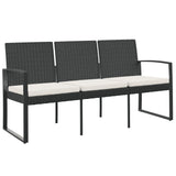 3-Seater Garden Bench with Cushions Black PP Rattan - Front View