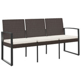 3-Seater Garden Bench with Cushions Brown PP Rattan - Front View