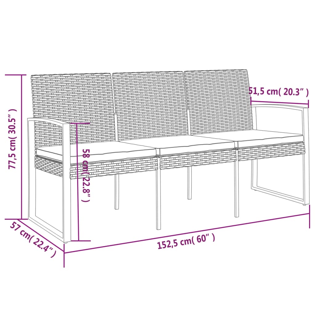 3-Seater Garden Bench with Cushions Dark Grey PP Rattan