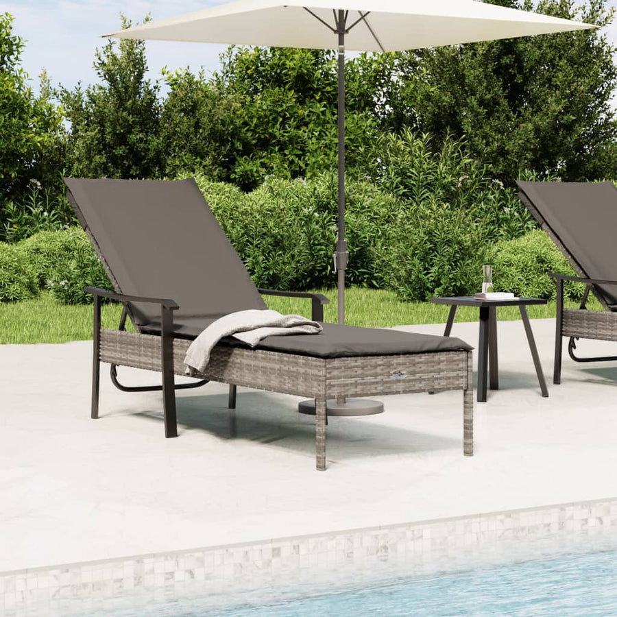 Sun Lounger with Cushion Grey Poly Rattan