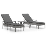 Sun Loungers 2 pcs with Table and Cushions Grey Poly Rattan - Front View