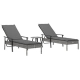 Sun Loungers 2 pcs with Table and Cushions Grey Poly Rattan - Side View