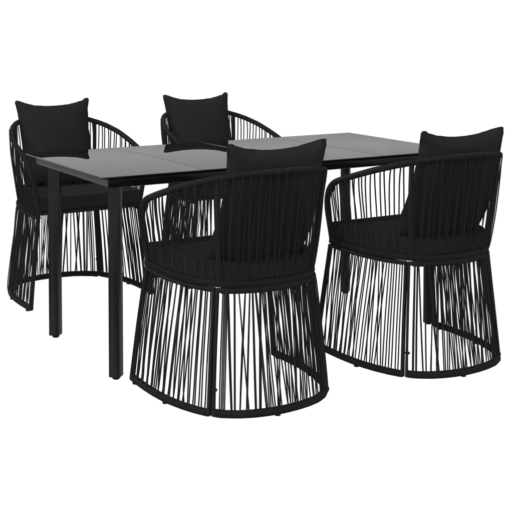 5 Piece Garden Dining Set with Cushions Black PVC Rattan
