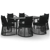 7 Piece Garden Dining Set with Cushions Black PVC Rattan - Front View