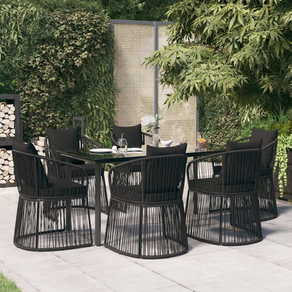 7 Piece Garden Dining Set with Cushions Black PVC Rattan