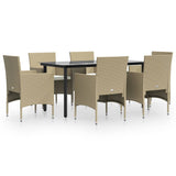 7 Piece Garden Dining Set with Cushions Beige and Black - Front View