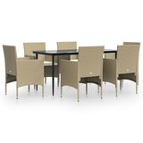 7 Piece Garden Dining Set with Cushions Beige and Black - Front View