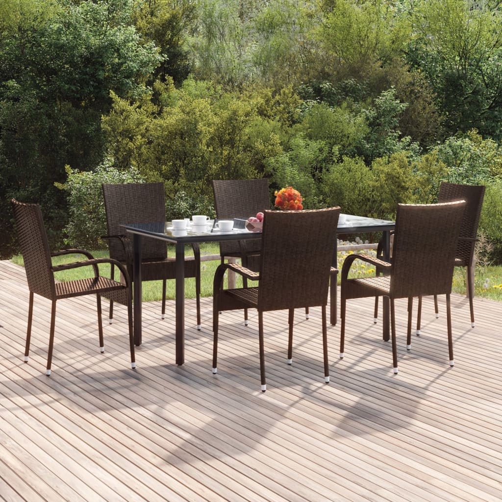 7 Piece Garden Dining Set Brown Poly Rattan