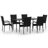 7 Piece Garden Dining Set Black Poly Rattan - Front View