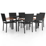 7 Piece Garden Dining Set Black Poly Rattan - Front View