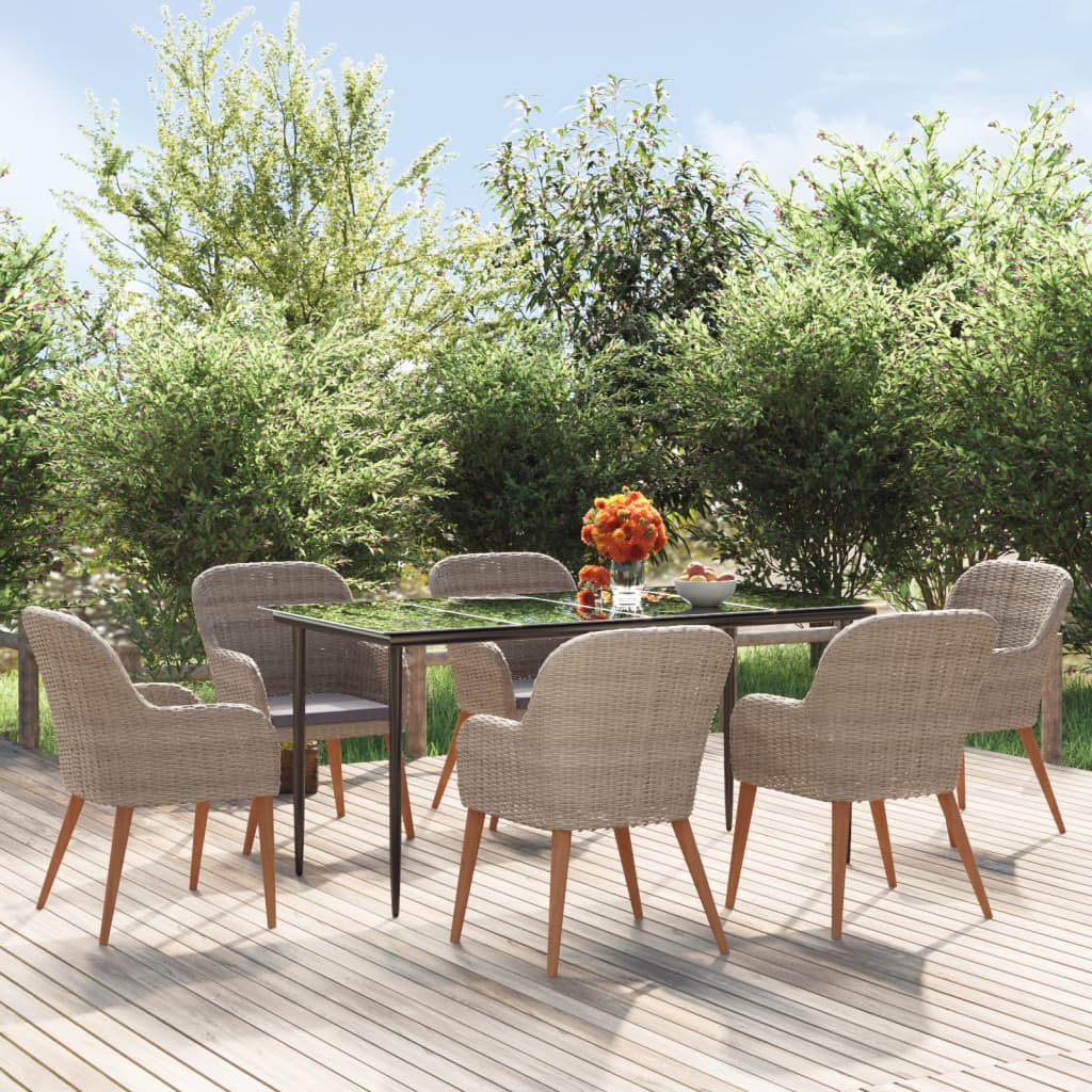 7 Piece Garden Dining Set with Cushions Brown