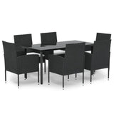 7 Piece Garden Dining Set with Cushions Black Poly Rattan - Front View