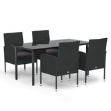 5 Piece Garden Dining Set with Cushions Black Poly Rattan - Front View