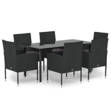 7 Piece Garden Dining Set with Cushions Black Poly Rattan - Front View