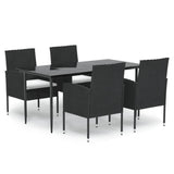5 Piece Garden Dining Set with Cushions Black Poly Rattan - Front View