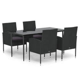 5 Piece Garden Dining Set with Cushions Black Poly Rattan - Front View