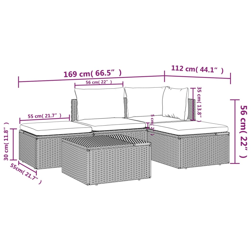 5 Piece Garden Lounge Set with Cushions Grey Poly Rattan