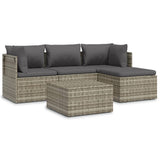 5 Piece Garden Lounge Set with Cushions Grey Poly Rattan - Front View