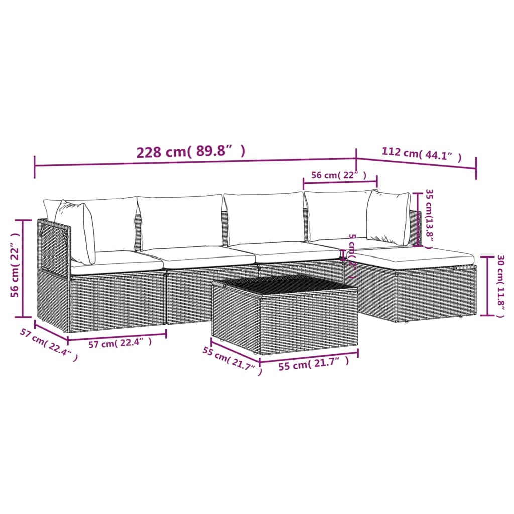 6 Piece Garden Lounge Set with Cushions Grey Poly Rattan