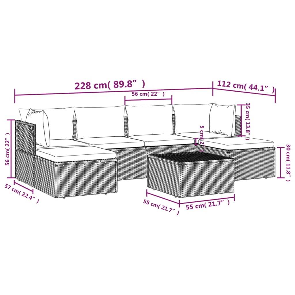 7 Piece Garden Lounge Set with Cushions Grey Poly Rattan