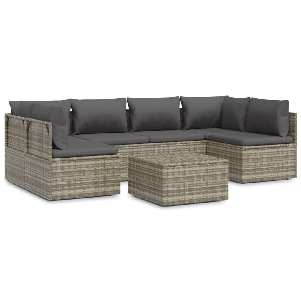 7 Piece Garden Lounge Set with Cushions Grey Poly Rattan