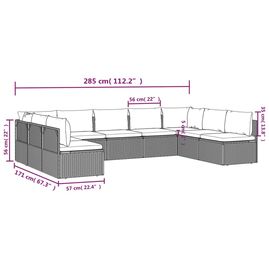 9 Piece Garden Lounge Set with Cushions Grey Poly Rattan