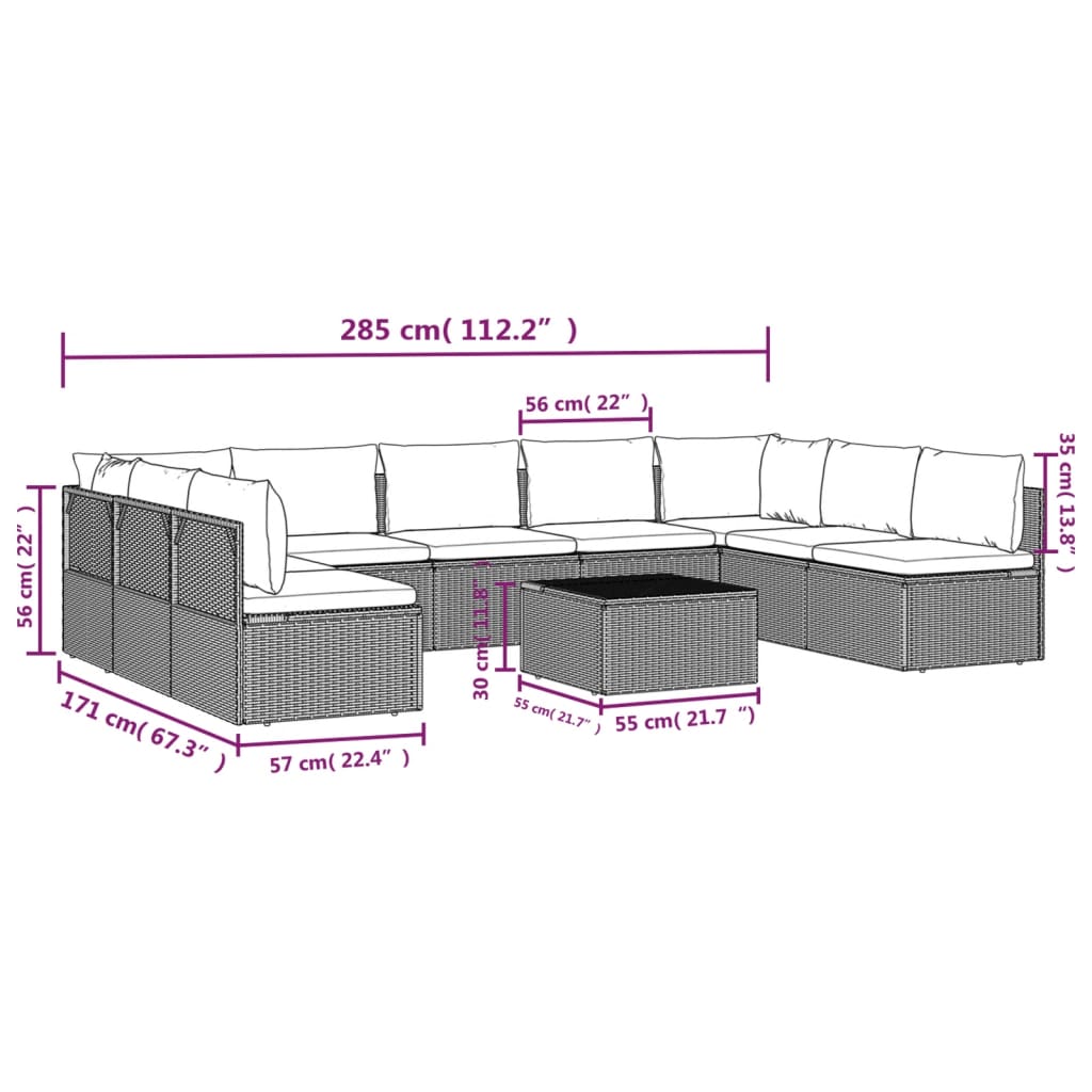 10 Piece Garden Lounge Set with Cushions Grey Poly Rattan