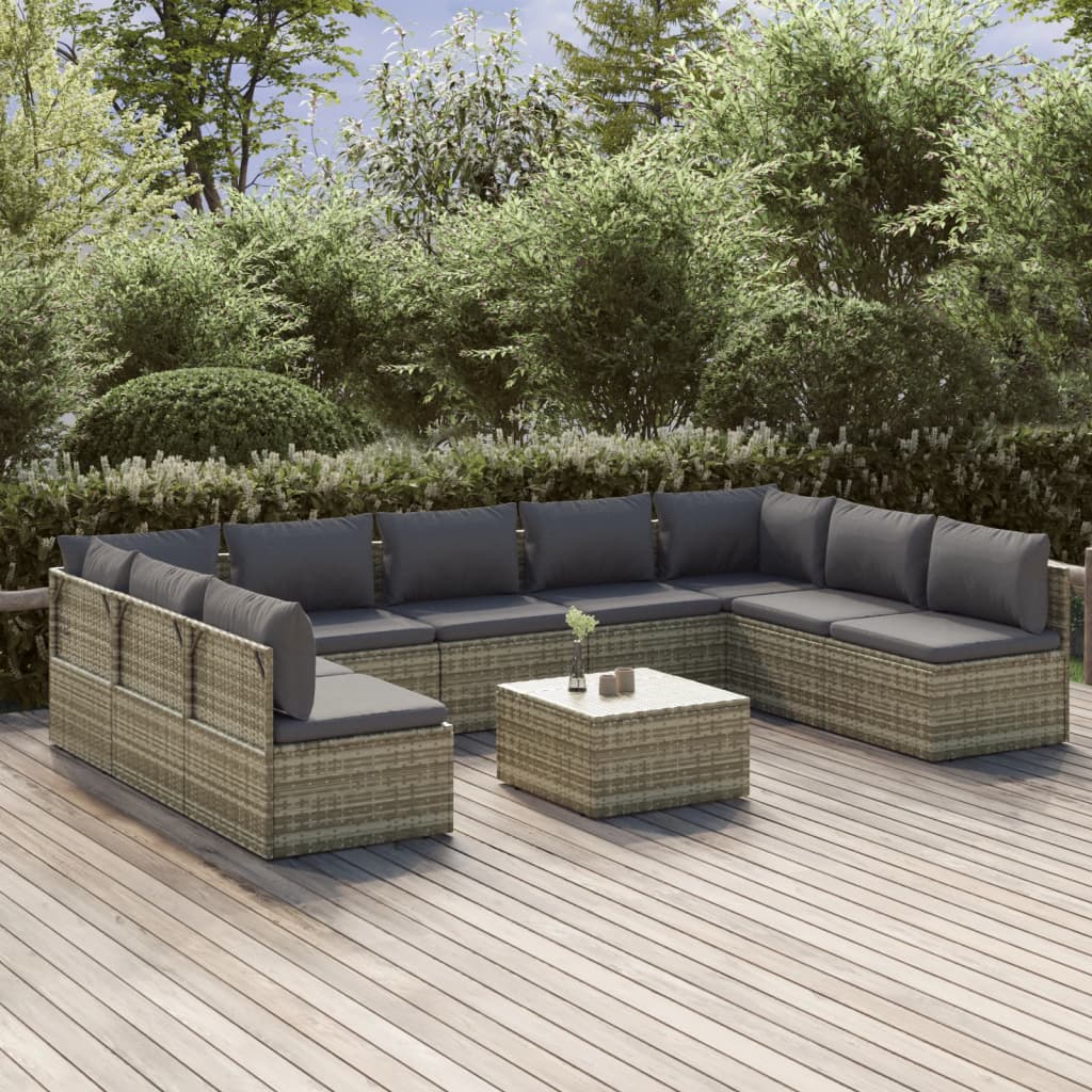 10 Piece Garden Lounge Set with Cushions Grey Poly Rattan