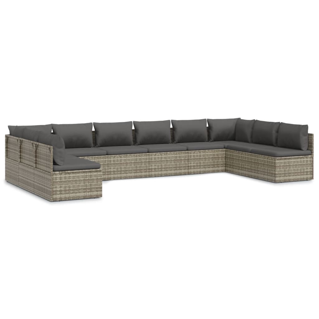 10 Piece Garden Lounge Set with Cushions Grey Poly Rattan
