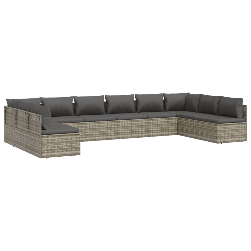 10 Piece Garden Lounge Set with Cushions Grey Poly Rattan