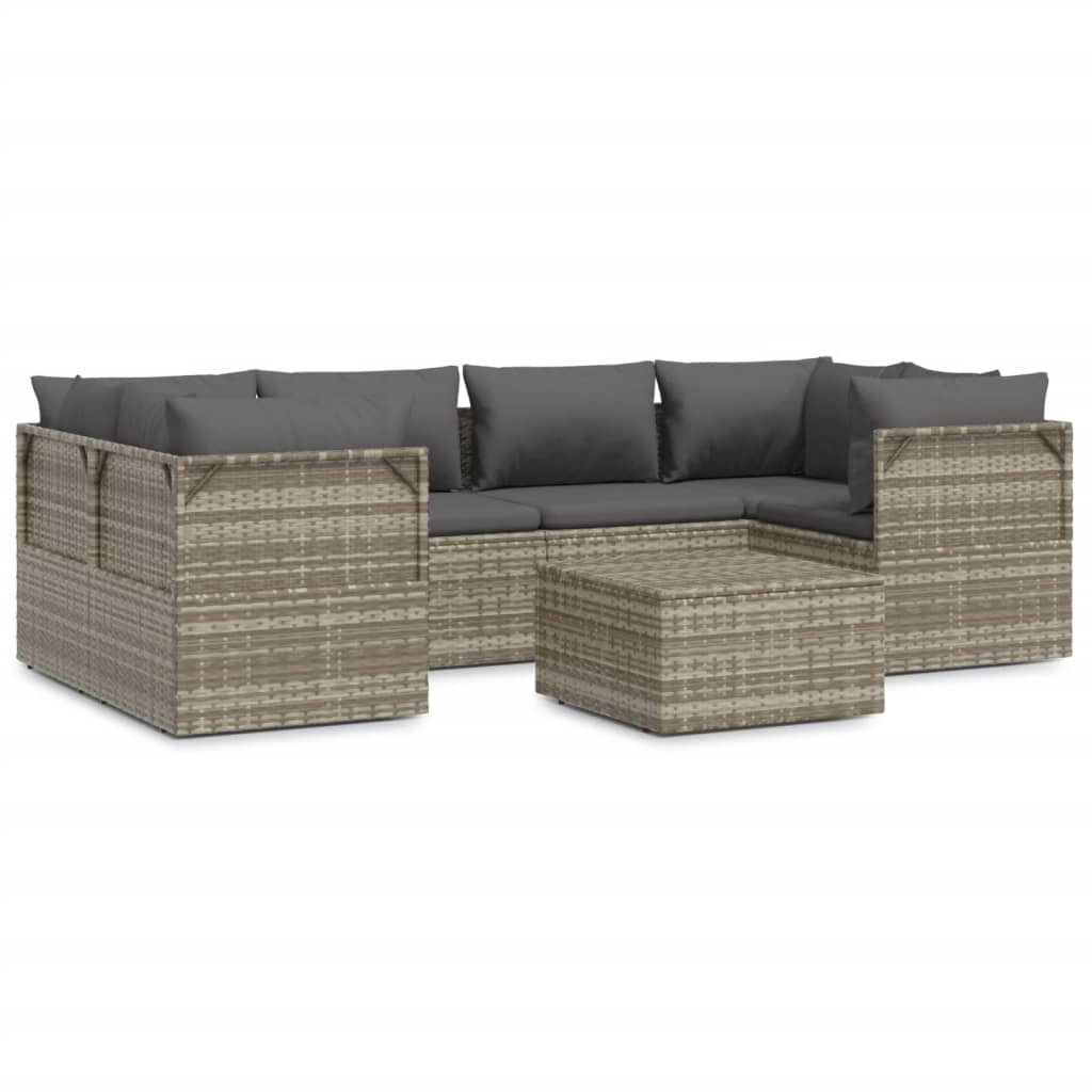 7 Piece Garden Lounge Set with Cushions Grey Poly Rattan