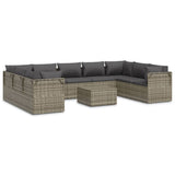 10 Piece Garden Lounge Set with Cushions Grey Poly Rattan - Front View