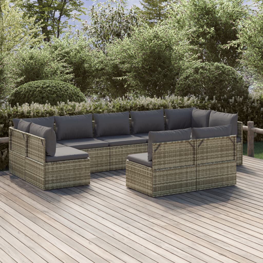9 Piece Garden Lounge Set with Cushions Grey Poly Rattan