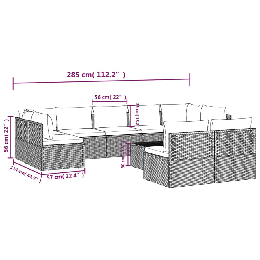 10 Piece Garden Lounge Set with Cushions Grey Poly Rattan