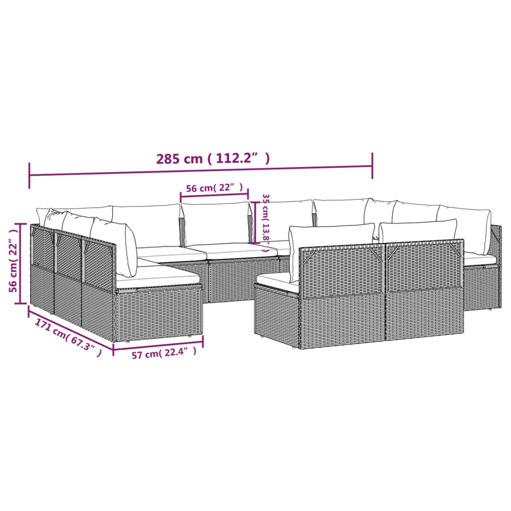 11 Piece Garden Lounge Set with Cushions Grey Poly Rattan