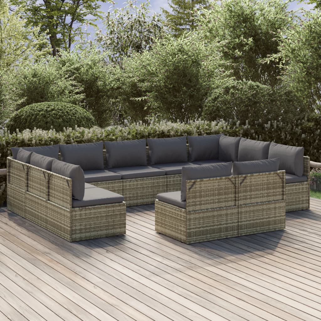 11 Piece Garden Lounge Set with Cushions Grey Poly Rattan