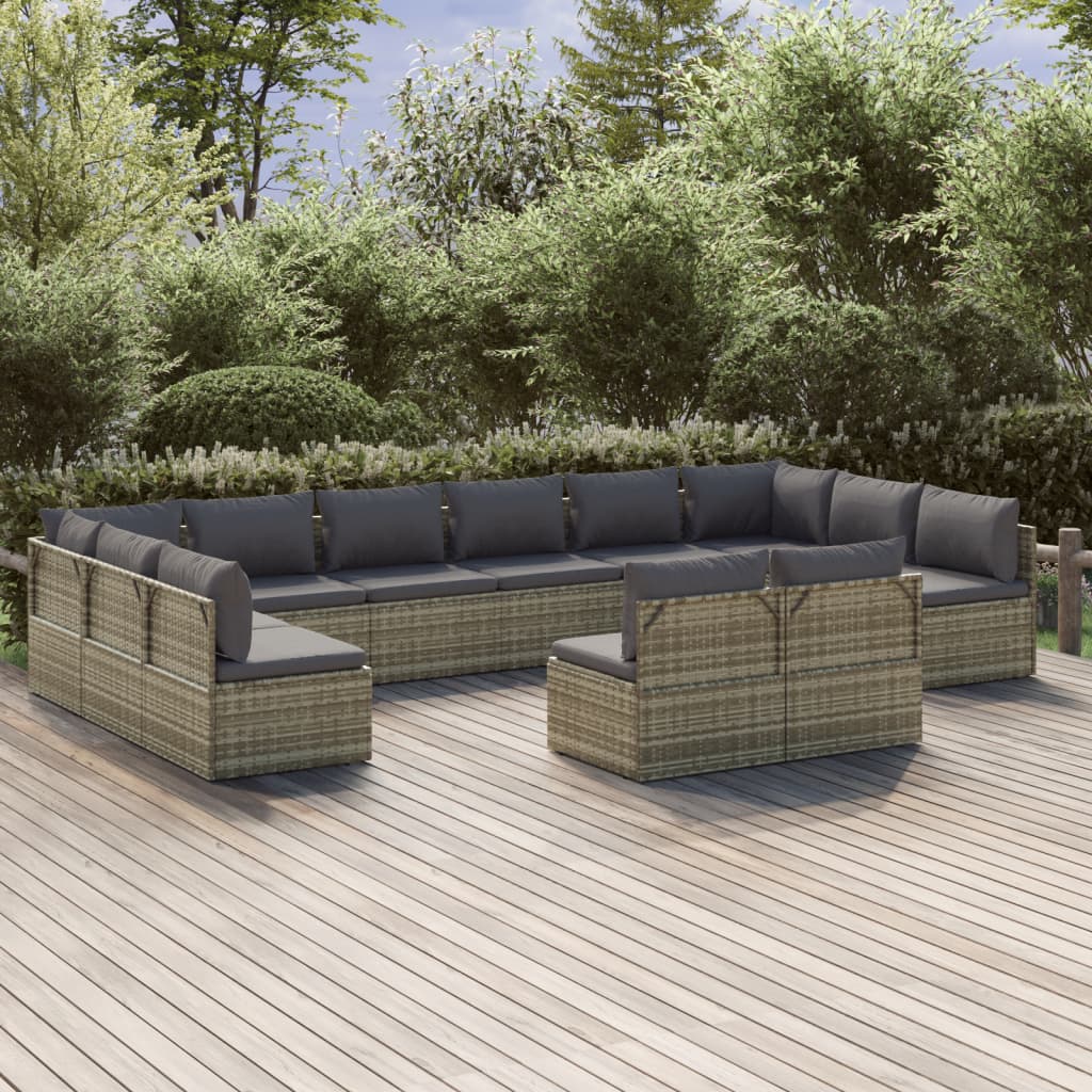 12 Piece Garden Lounge Set with Cushions Grey Poly Rattan