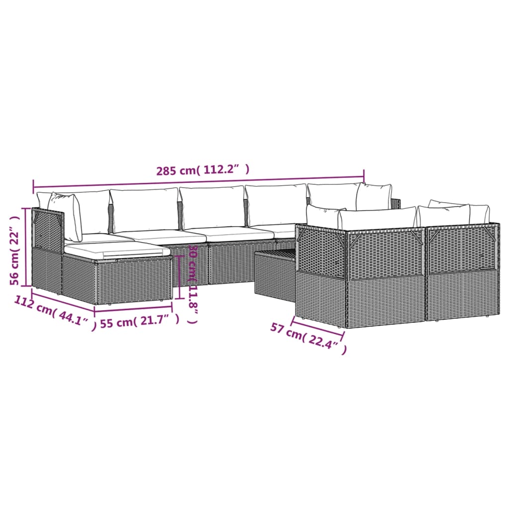 10 Piece Garden Lounge Set with Cushions Grey Poly Rattan