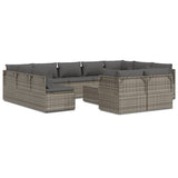 12 Piece Garden Lounge Set with Cushions Grey Poly Rattan - Front View