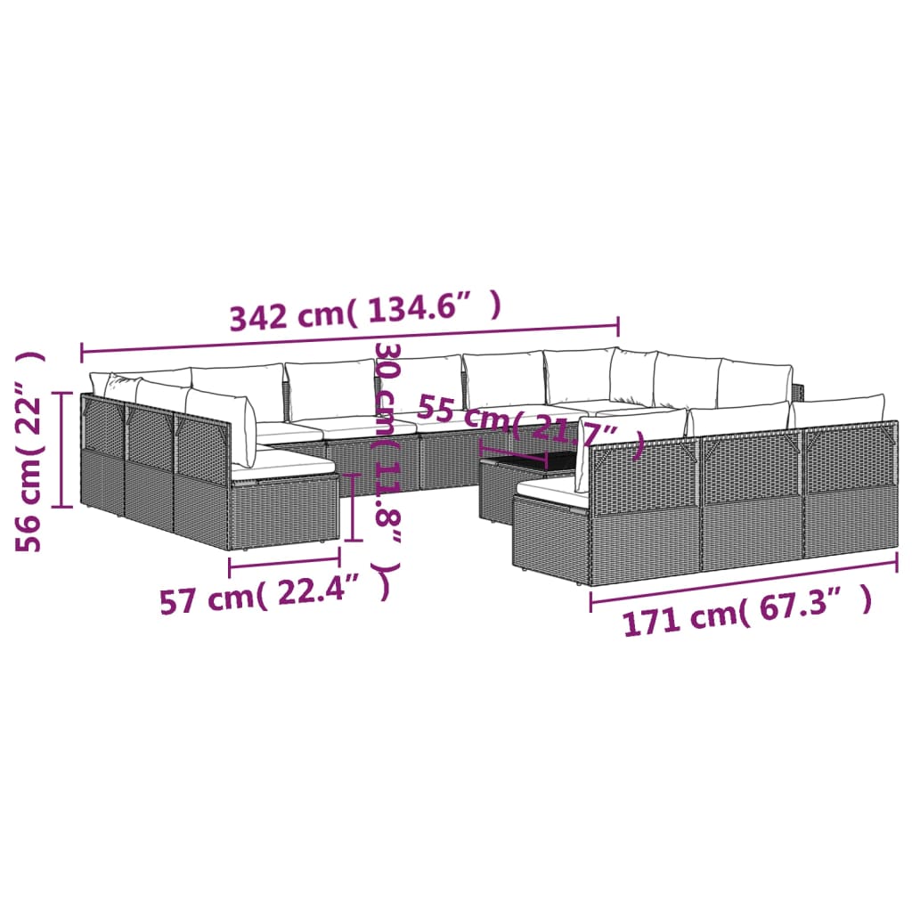 14 Piece Garden Lounge Set with Cushions Grey Poly Rattan