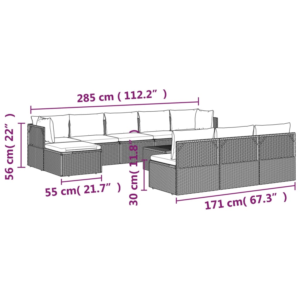 11 Piece Garden Lounge Set with Cushions Grey Poly Rattan