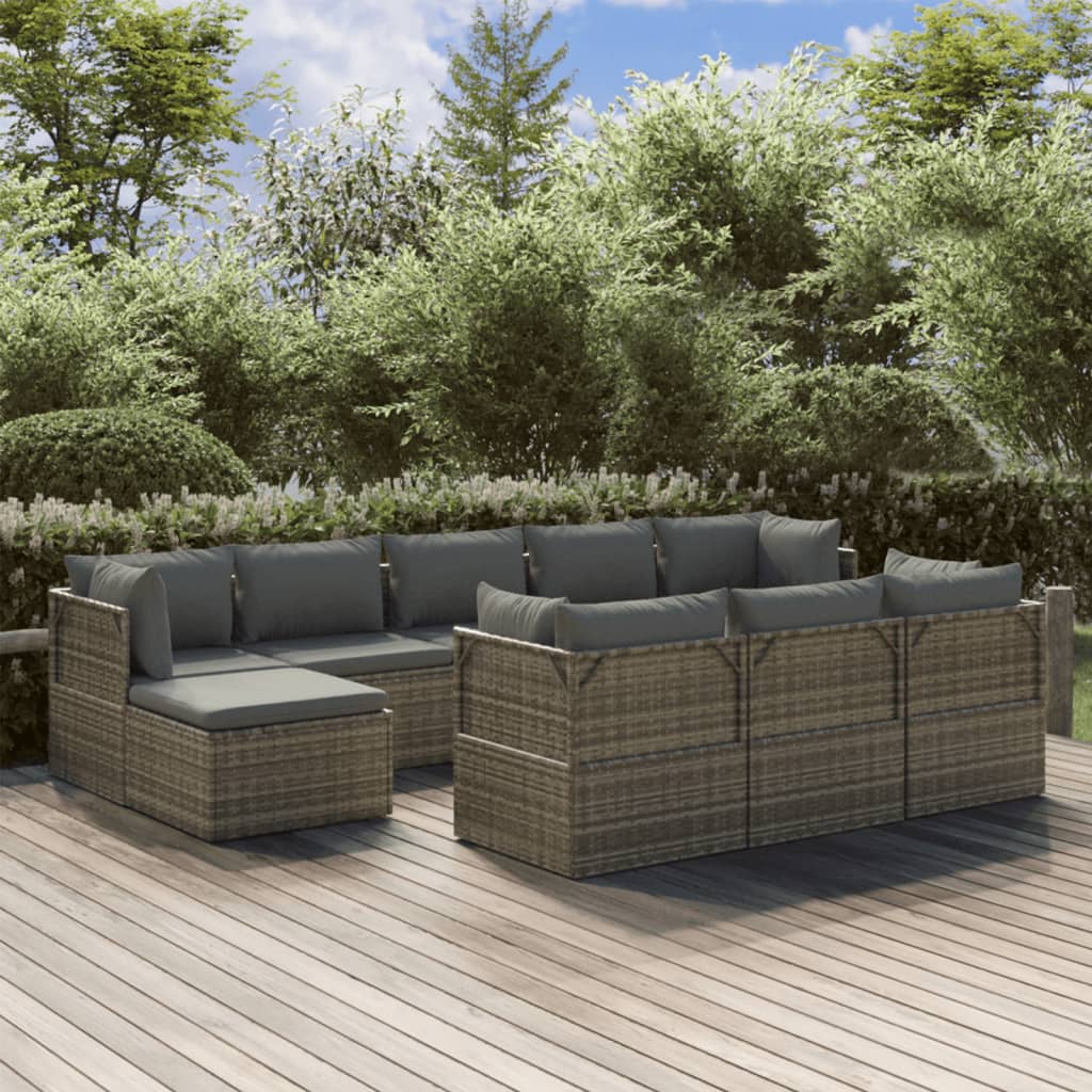 10 Piece Garden Lounge Set with Cushions Grey Poly Rattan