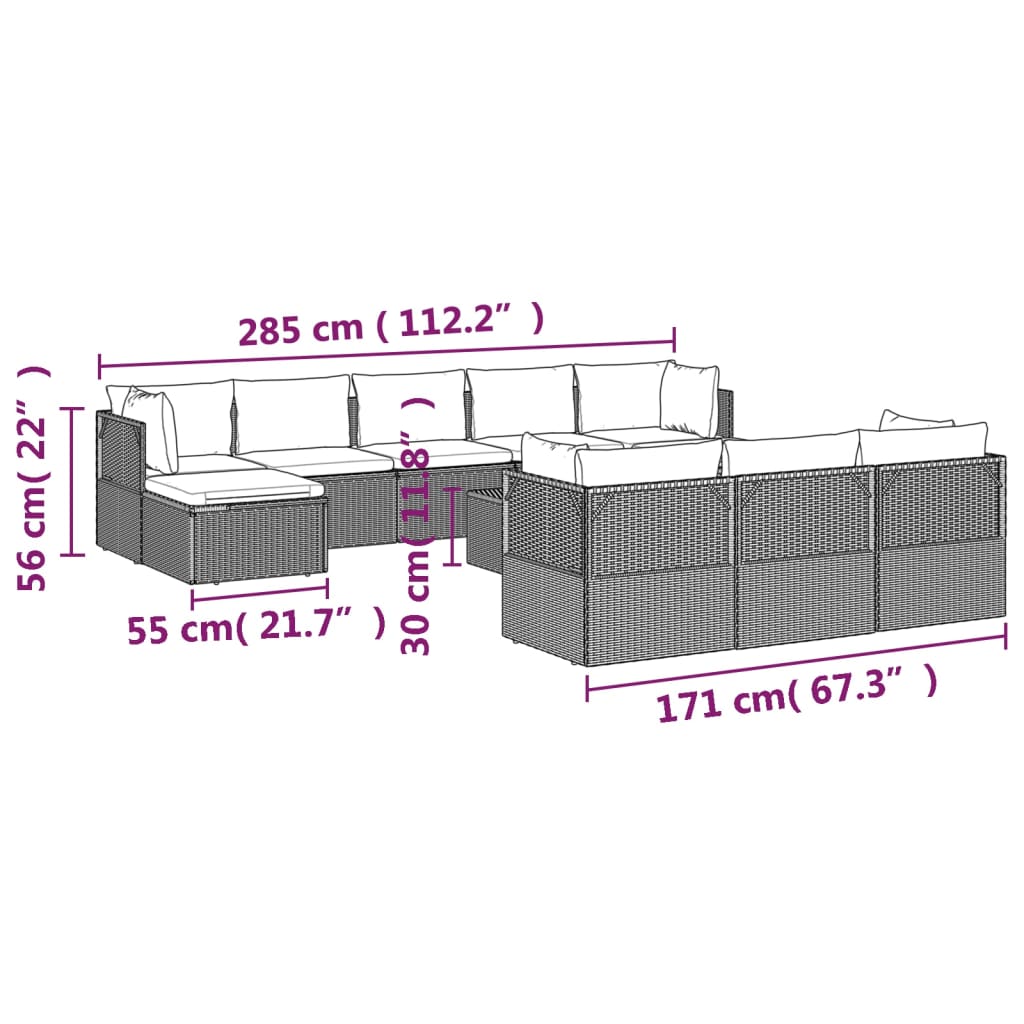 11 Piece Garden Lounge Set with Cushions Grey Poly Rattan