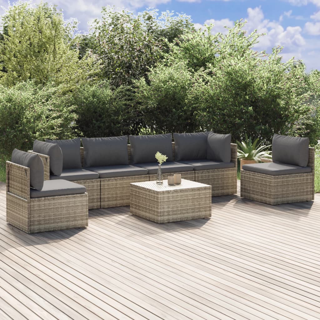7 Piece Garden Lounge Set with Cushions Grey Poly Rattan