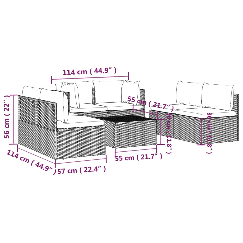 7 Piece Garden Lounge Set with Cushions Grey Poly Rattan