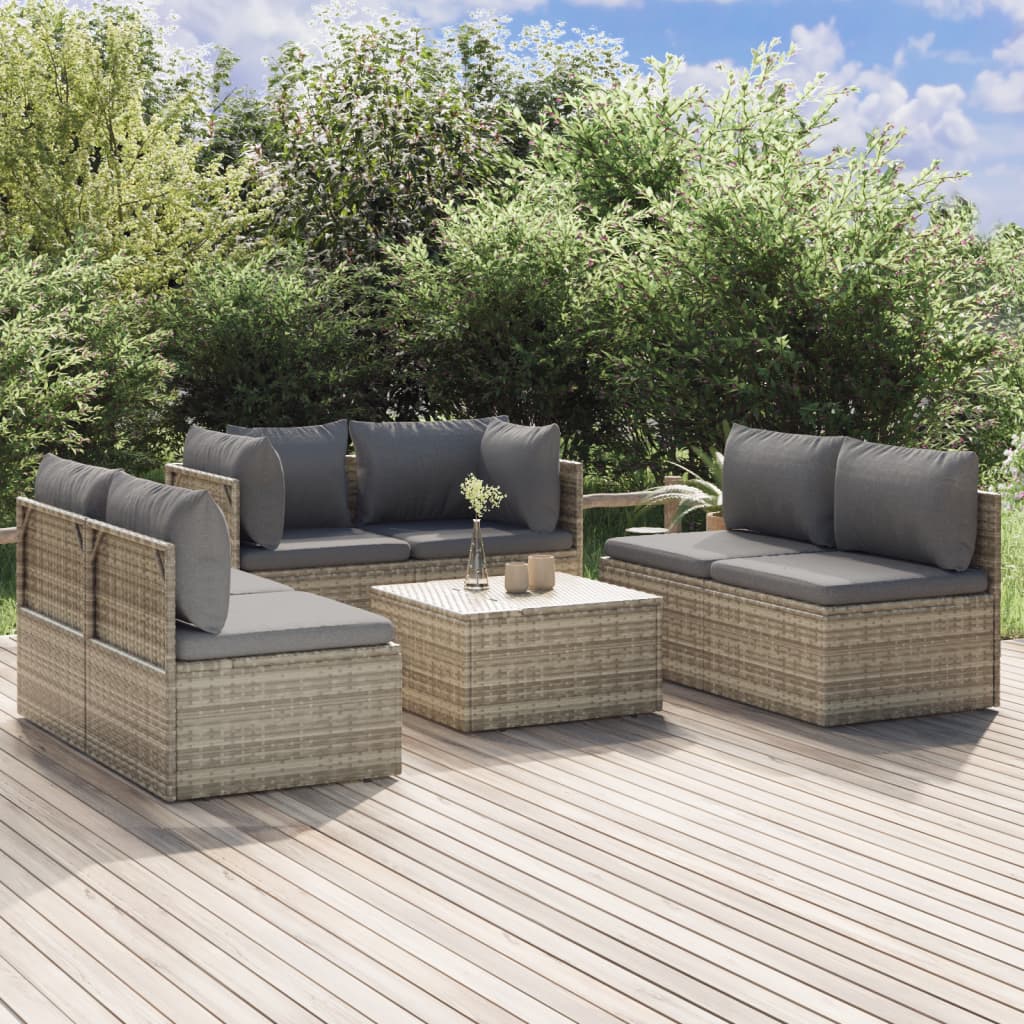 7 Piece Garden Lounge Set with Cushions Grey Poly Rattan