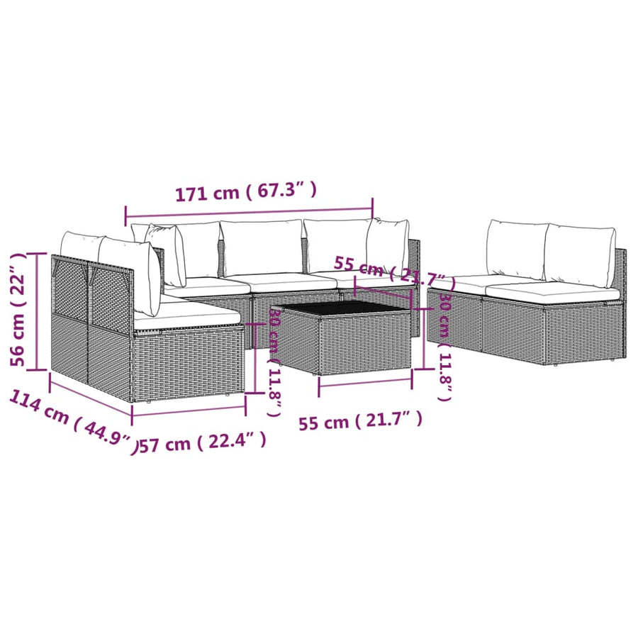 8 Piece Garden Lounge Set with Cushions Grey Poly Rattan