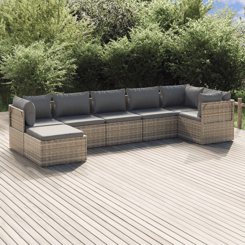 7 Piece Garden Lounge Set with Cushions Grey Poly Rattan
