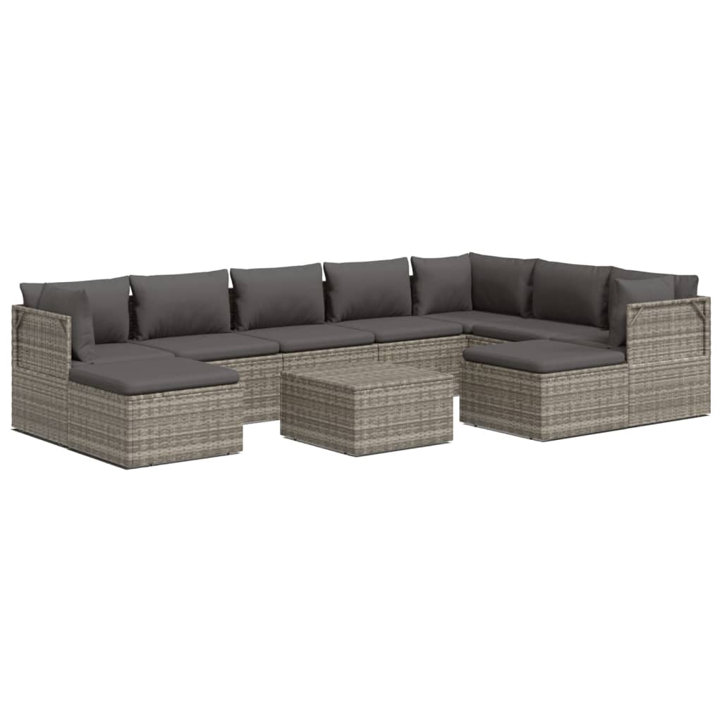 10 Piece Garden Lounge Set with Cushions Grey Poly Rattan