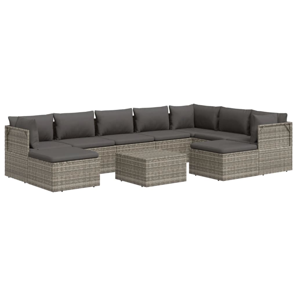 10 Piece Garden Lounge Set with Cushions Grey Poly Rattan